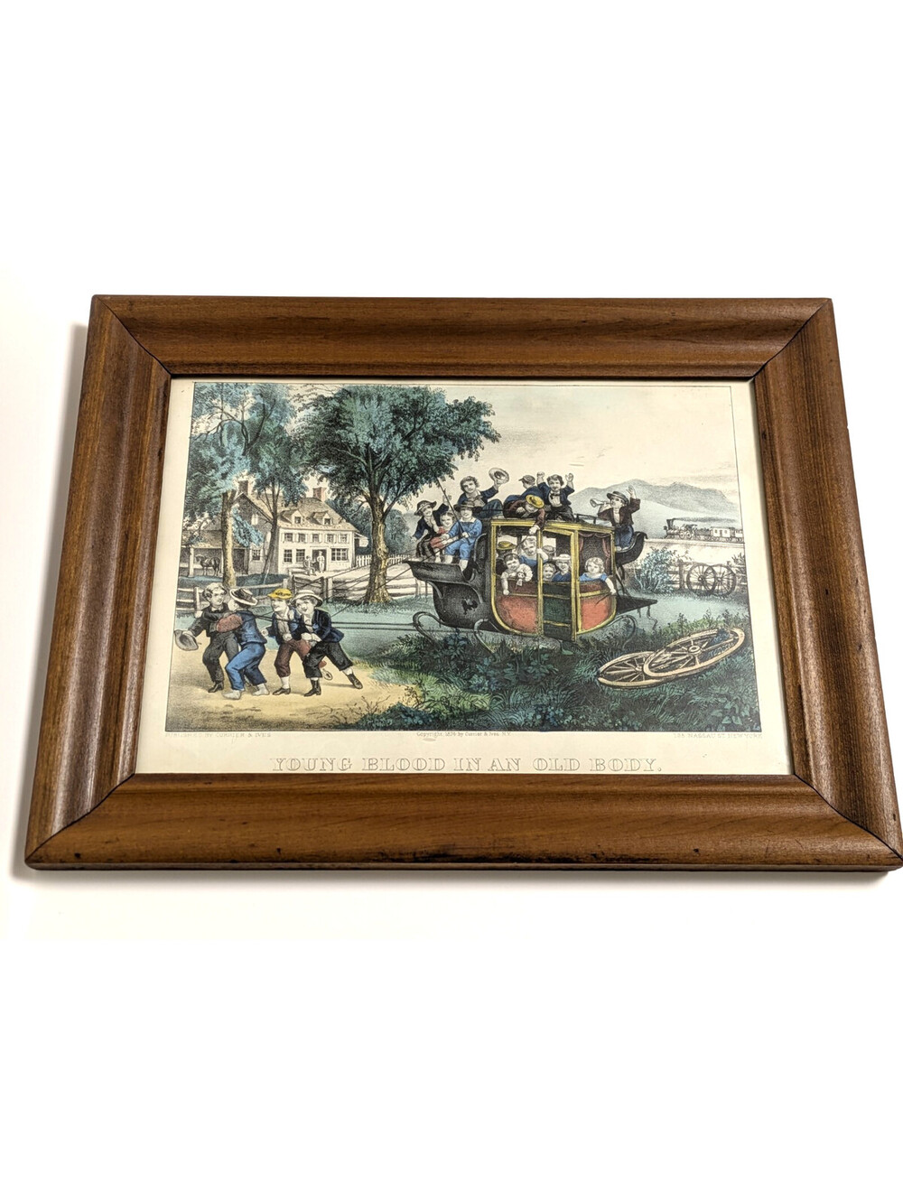 Antique Currier & Ives Hand Colored Litho Print Young Blood in an Old Body 1874